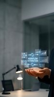 Businessman holding holographic workflow automation interface with data analytics icons and process management symbols in modern office environment.