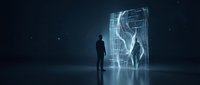 Businessman standing before glowing holographic brain interface in dark space, representing artificial intelligence, neural networks, and digital technology innovation for corporate solutions.