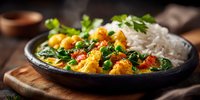 Colorful vegetarian curry with fresh herbs served alongside white rice in cast iron skillet on wooden board for healthy dining and cooking content.