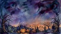Spooky Halloween watercolor scene with glowing jack-o-lantern, cemetery gates, gravestones, and bare trees under a dramatic purple night sky.