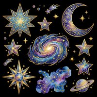 Celestial clipart set with stars, crescent moon, galaxy, planet, and constellations in gold and blue, isolated on transparent background, for stickers, sublimation, and t-shirt design.