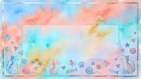 Watercolor pastel rainbow background with cute cats, fish bones, yarn balls and paw prints border frame for pet designs and children projects.