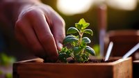 Young plant seedling being planted in terracotta pot with soil, close up view showing hands carefully transplanting green sprout in garden setting with natural light.