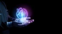 Businessman holding glowing holographic brain with neon light effects on dark background representing artificial intelligence and innovation concepts.