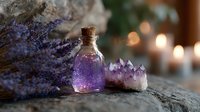 Mystical purple potion bottle with cork stopper alongside amethyst crystal cluster and dried lavender sprigs on stone surface with glowing candles in background.