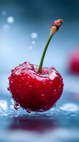 Fresh red cherry with water droplets on blue background for summer beverage and healthy eating concepts.