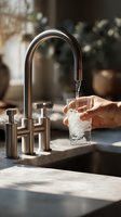 Modern kitchen faucet pouring fresh water into glass held by hand on marble countertop with natural lighting and home interior background.