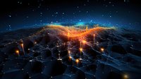 Glowing orange network lines illuminate dark terrain against starry night sky, depicting global connectivity and data flow visualization across digital landscape.