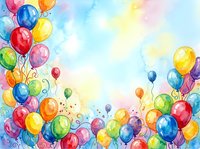 Colorful watercolor balloons frame with bright rainbow colors on light blue sky background for party celebration and festive events design.