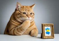 Orange tabby cat with paw raised near small framed artwork on white surface against gray background. Suitable for pet, humor, and advertising campaigns.