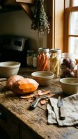 Rustic kitchen workspace with fresh bread, dried herbs hanging overhead, glass storage jars filled with pasta and vegetables, ceramic bowls, and vintage utensils on wooden table near window.
