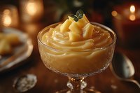 Creamy butterscotch pudding topped with diced pears and mint leaf garnish served in elegant crystal dessert glass against warm ambient lighting and festive background.