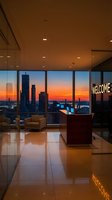 Modern high-rise office lobby at sunset with floor-to-ceiling windows overlooking city skyline, welcome desk, and contemporary furnishings for corporate and business use.