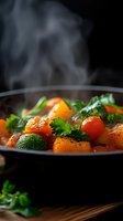 Steaming vegetable stew with carrots, potatoes and fresh herbs in dark bowl on black background. Use for cooking blogs, recipe websites and food publications.