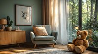 Cozy living room corner with mint armchair, teddy bear, wooden sideboard and botanical print against sage green wall, sunlit through sheer curtains.