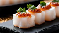 Fresh scallop sashimi appetizers topped with red caviar and parsley garnish, served on black stone plate against dark background with bokeh effect.