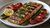 Grilled salmon fillet with fresh dill, charred cherry tomatoes, asparagus spears and lemon slice on white plate, served on wooden table. Healthy dinner.