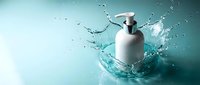 White cosmetic pump bottle with water splash creating dynamic motion against turquoise background for skincare and beauty product advertising campaigns.