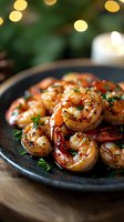 Grilled shrimp with garlic butter sauce and fresh herbs served on dark plate against festive bokeh lights background, close up view of succulent seafood dinner.