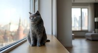 Gray tabby cat sitting on windowsill looking outside in modern apartment with city view. Domestic pet relaxing by window in contemporary home interior.