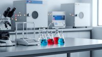Modern laboratory workspace with microscope, colorful chemical solutions in glass beakers, and scientific equipment for research and analysis.