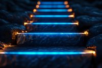 Illuminated stone steps with glowing blue light strips and warm accent lighting create dramatic nighttime atmosphere. Dark moody background adds mystery.