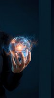 Hand holding glowing sphere with shopping cart icon representing ecommerce innovation and digital retail technology for business growth.