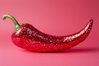 Shiny red chili pepper with glitter coating and green stem on pink background, isolated for design, packaging, culinary graphics, and food marketing materials.