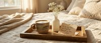 Cozy bedroom morning scene with coffee cup, flowers in vase and open book on wooden tray placed on unmade bed with soft natural lighting.
