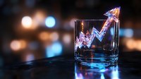 Glowing neon arrow graph emerging from glass with blue liquid against dark background with bokeh lights creates dramatic financial concept visualization.