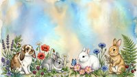 Young rabbits and spaniel puppy surrounded by wildflowers and ferns in watercolor style. Suitable for children's book illustrations, nursery decor, greeting cards, and fabric design.