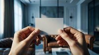 Hands holding blank white business card in modern office space with glass partitions and natural lighting for corporate branding mockup.