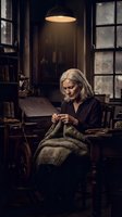 Senior woman with gray hair, Caucasian ethnicity, knitting in a vintage study room under warm pendant lighting. Moody interior with bookshelves and large windows, suitable for lifestyle and editorial use.