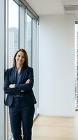 Confident businesswoman in navy suit standing with crossed arms in modern office with city view through large windows for corporate presentations.