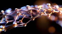 Abstract molecular structure network with glowing nodes and connections on dark background for science technology and research concepts.