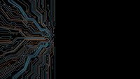 Digital circuit board pattern with glowing blue and orange traces on black background for technology and electronics design projects.
