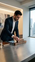 Caucasian businessman in navy suit arranging wooden blocks spelling 2026 forecast on office table, planning strategy concept.