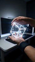 Male professional holding glowing geometric holographic cube with network connections in modern office workspace. Represents digital innovation, technology development, data science, and future computing solutions.