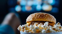 Cheeseburger with melted cheddar on sesame bun photographed with popcorn in foreground against dark background with bokeh lights creating cinematic mood.