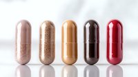 Five colorful supplement capsules in row showing pink, bronze glitter, orange, dark brown and red pills on white background for health and wellness.