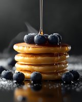 Stack of golden pancakes with fresh blueberries and honey drizzle on dark background for breakfast menu design.