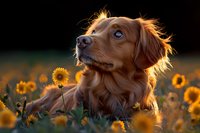 Golden retriever dog lying in blooming sunflower field during sunset, backlit fur glowing, dreamy summer countryside atmosphere creates magical pet portrait.