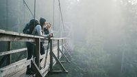 Young couple embracing on misty forest suspension bridge during romantic outdoor adventure hike through foggy woodland canopy walkway.