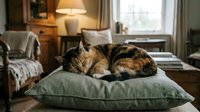 Calico cat curled up sleeping on a soft cushion in a cozy vintage living room with warm lamp light and rustic wooden furniture.