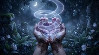 Mystical hands with henna tattoos holding glowing spiral energy in enchanted moonlit forest with white flowers for spiritual and fantasy design concepts.
