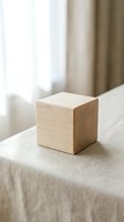 Wooden cube block on neutral linen fabric with soft natural light from window, suitable for product display, minimalist design concepts, and interior styling projects.