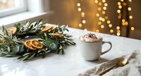 Cozy winter morning scene with hot chocolate cup, eucalyptus wreath, dried orange slices and warm bokeh lights creating festive holiday atmosphere.