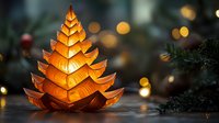 Glowing orange paper origami Christmas tree lantern with warm light illuminating from within, against dark bokeh background with pine branches.