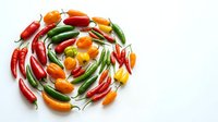 Fresh chili peppers arranged in circular pattern on white background. Red, orange, yellow and green hot peppers isolated for culinary, cooking and food design projects.