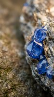 Blue sapphire crystals embedded in natural rock formation with shallow depth of field showcasing geological mineral specimen for educational and scientific purposes.